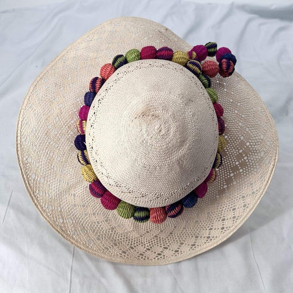 Montecristi Hats Ecuador Straw Floppy Wide Brim Sun Hat Colorful Details - Picture 7 of 10